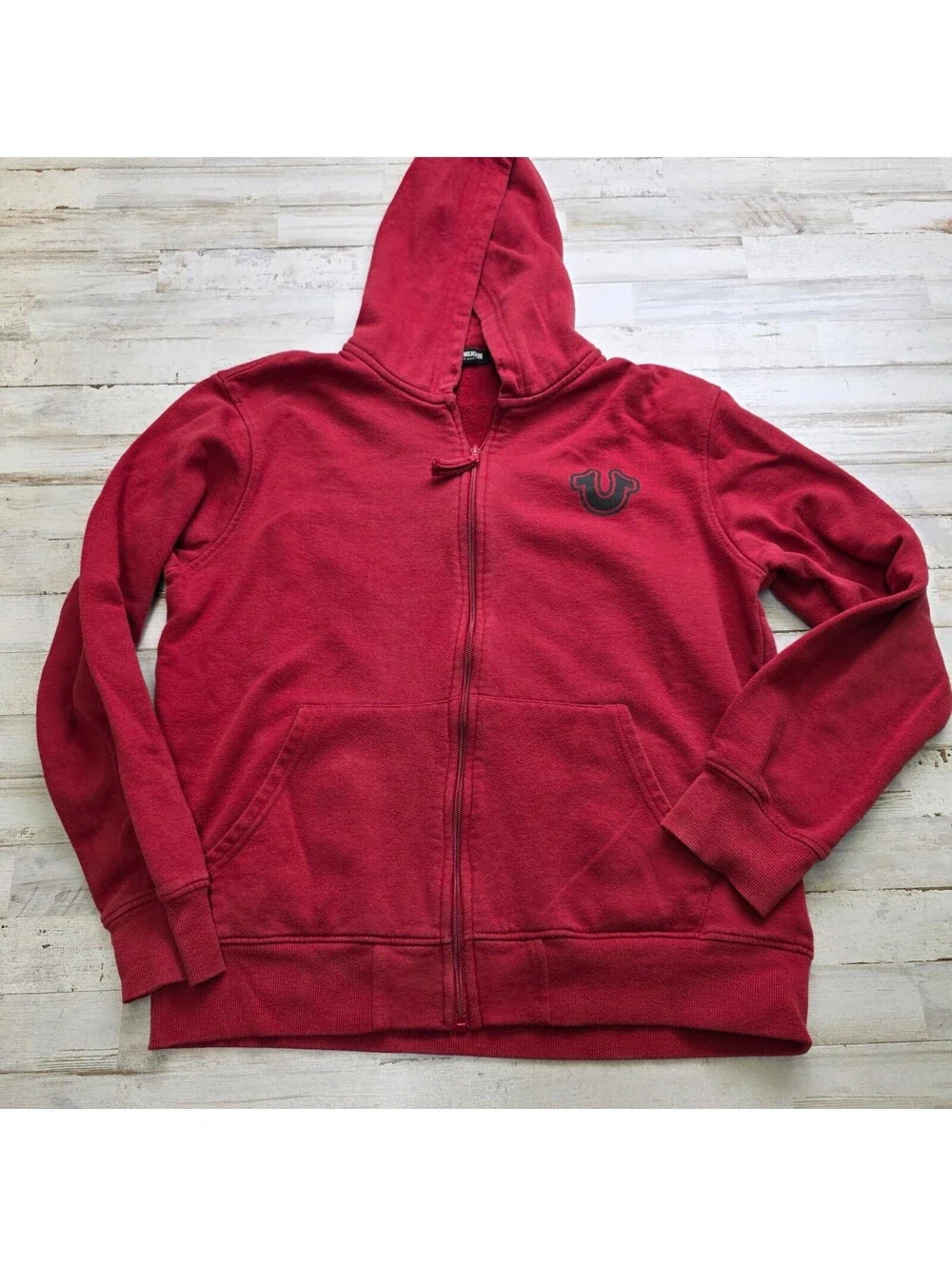 True Religion Hoodie L Red Full Zip Sweatshirt Logo Graphic Front Back Cotton